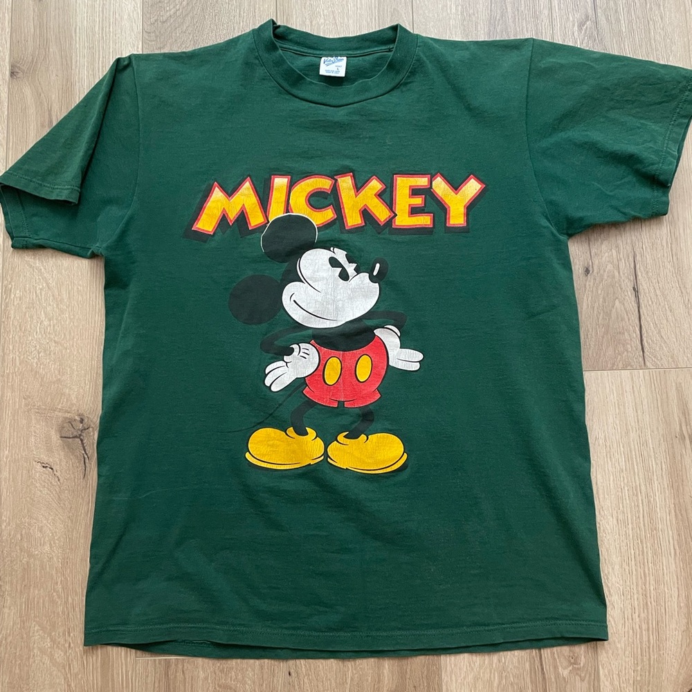 Disney Green Mickey Mouse Graphic Tee with Yellow & Red Accents